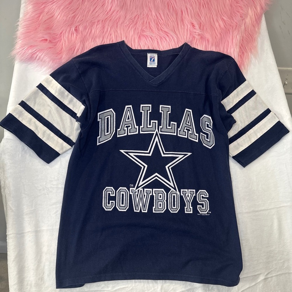 Vintage‎ 1990 Dallas Cowboys Logo 7 Navy Blue V-Neck Jersey T-Shirt Mens Large